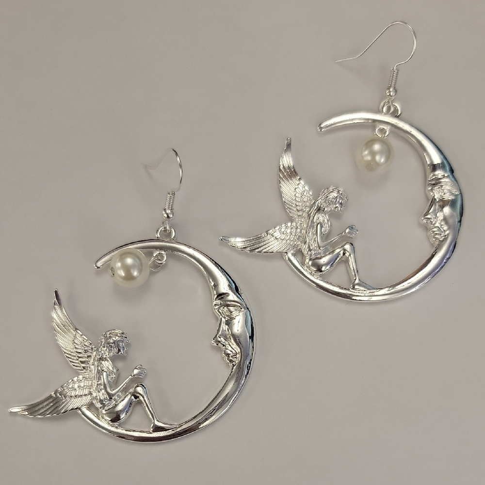 Silver Angel Moon Earrings